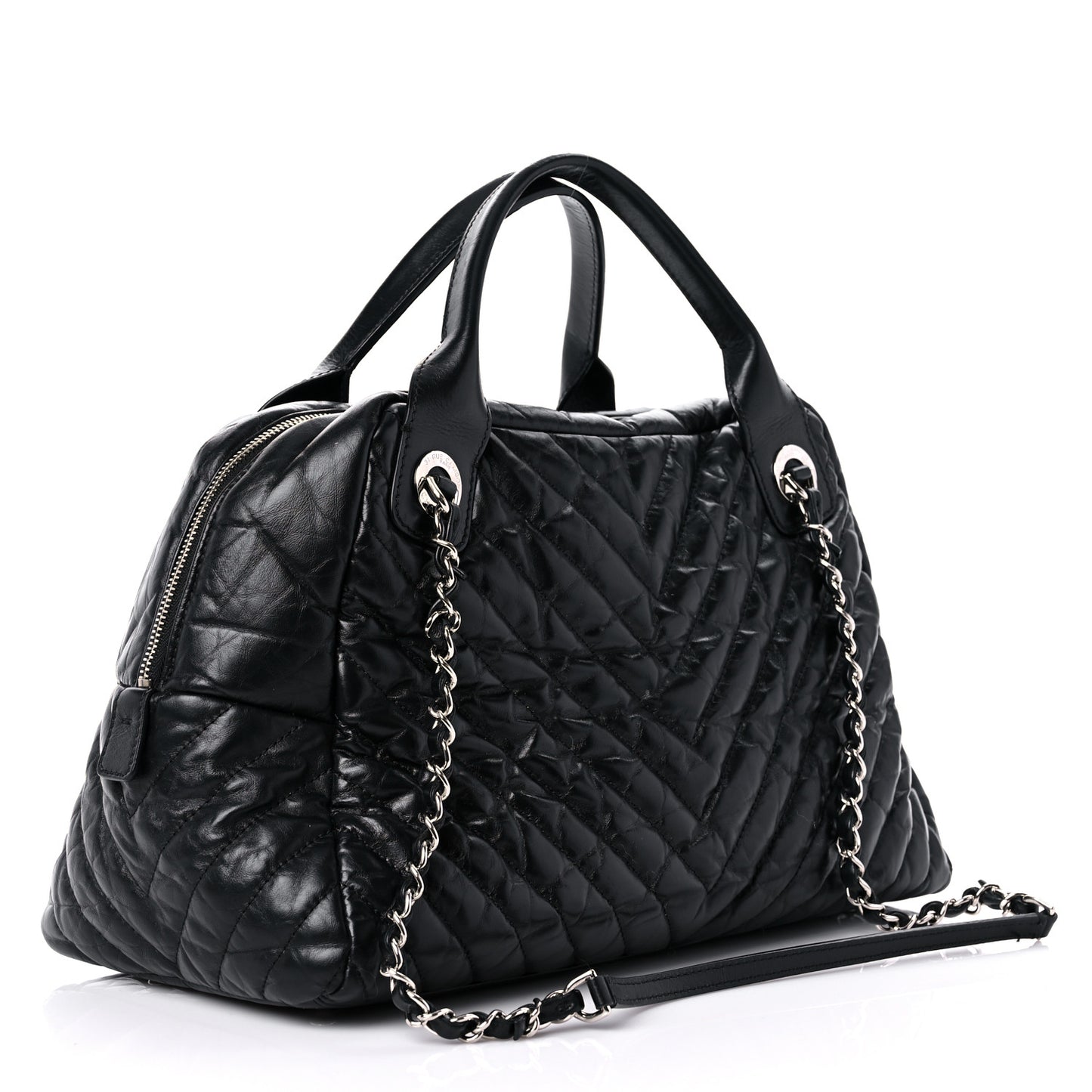 Aged Calfskin Chevron Medium Soft Bowling Bag Black