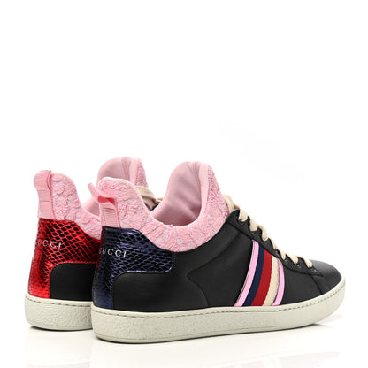 Gucci Calfskin Lace Ayers Sylvie Web Womens New Ace High Top Sneakers 37.5 Black 4 of 7