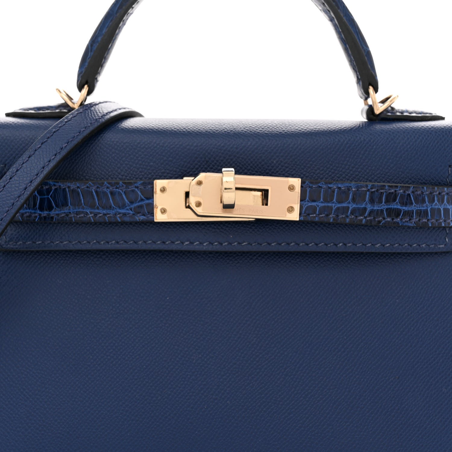 Hermes Madame Calfskin Shiny Alligator Mini Kelly Sellier Touch 20 Bleu Encre 8 of 15