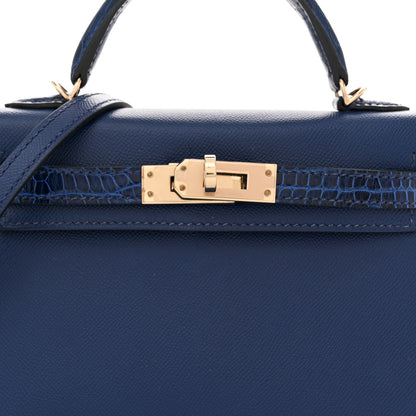 Hermes Madame Calfskin Shiny Alligator Mini Kelly Sellier Touch 20 Bleu Encre 8 of 15