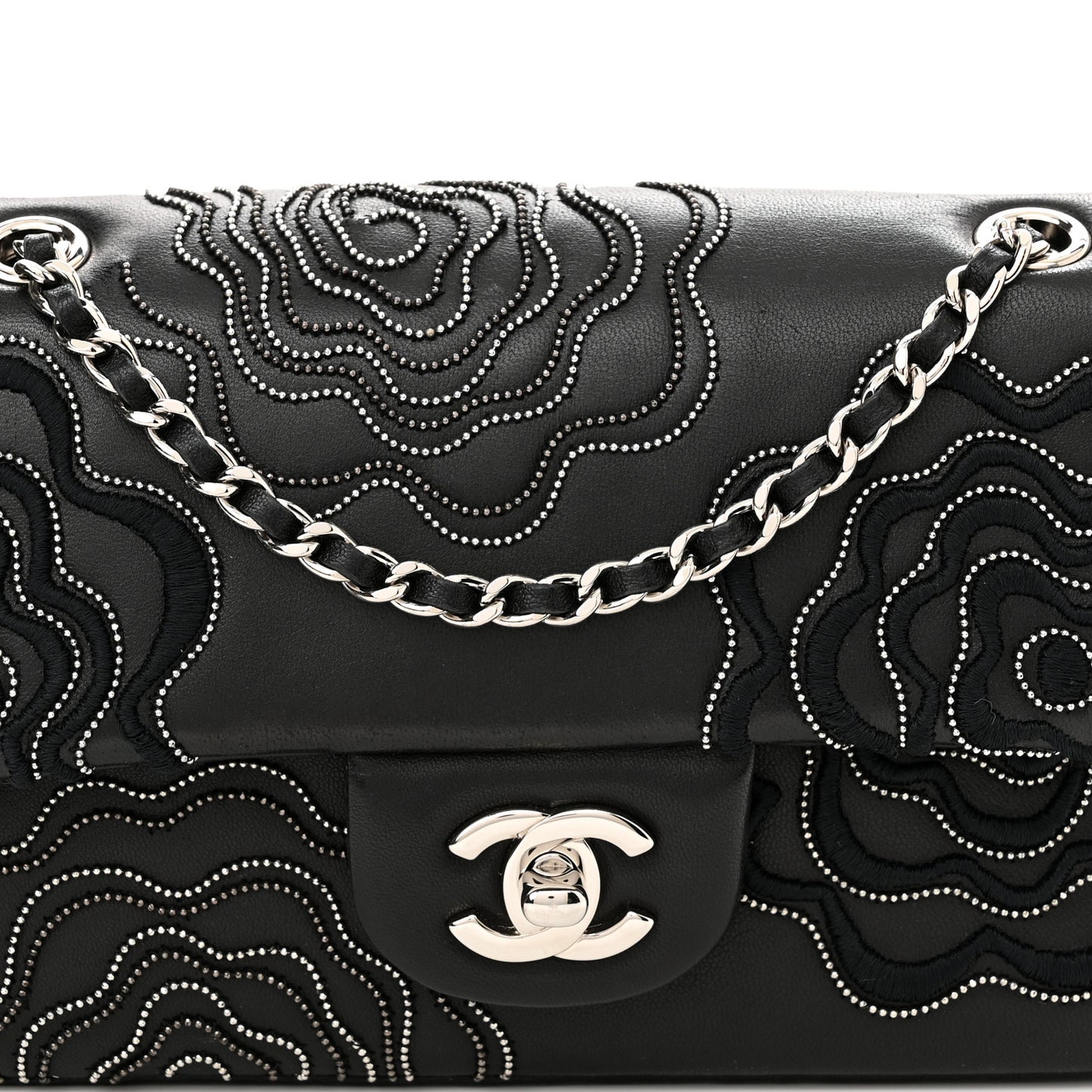 Lambskin Embroidered Camellia Follies Flap Black