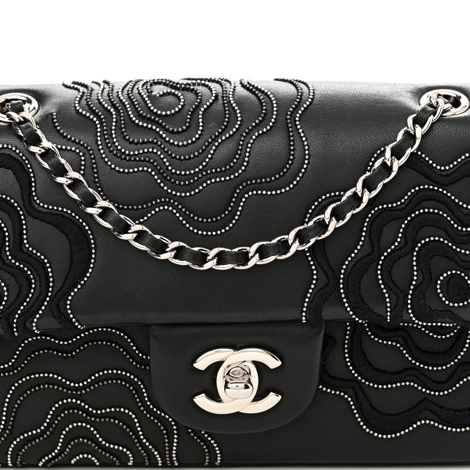 Chanel Lambskin Embroidered Camellia Follies Flap Black 7 of 10