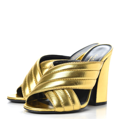 Gucci Metallic Nappa Webby Crossover High Heel Slide Sandals 35.5 Oro Vecchio 3 of 9