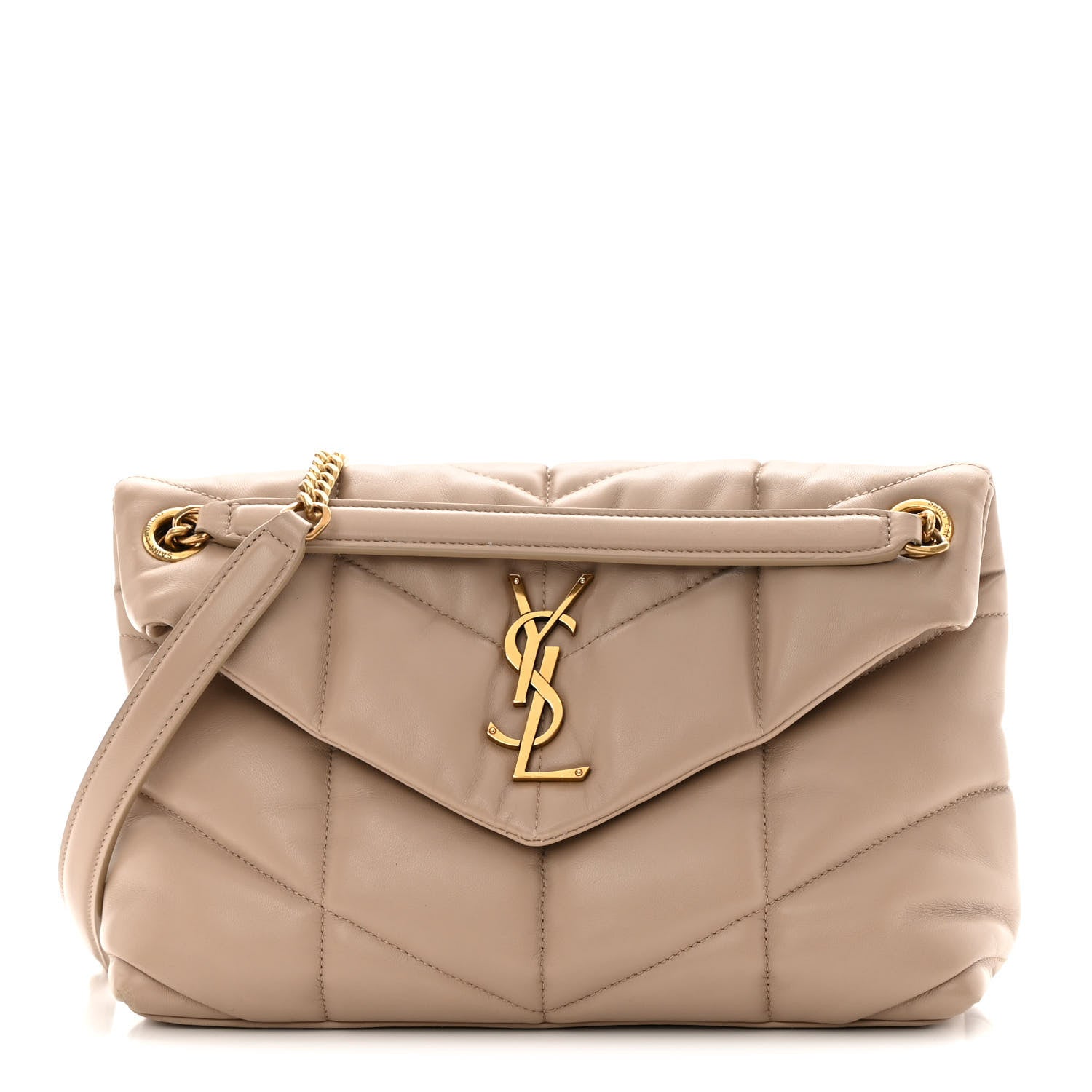 Saint Laurent Lambskin Quilted Small Loulou Puffer Monogram Chain Satchel Dark Beige 1 of 13