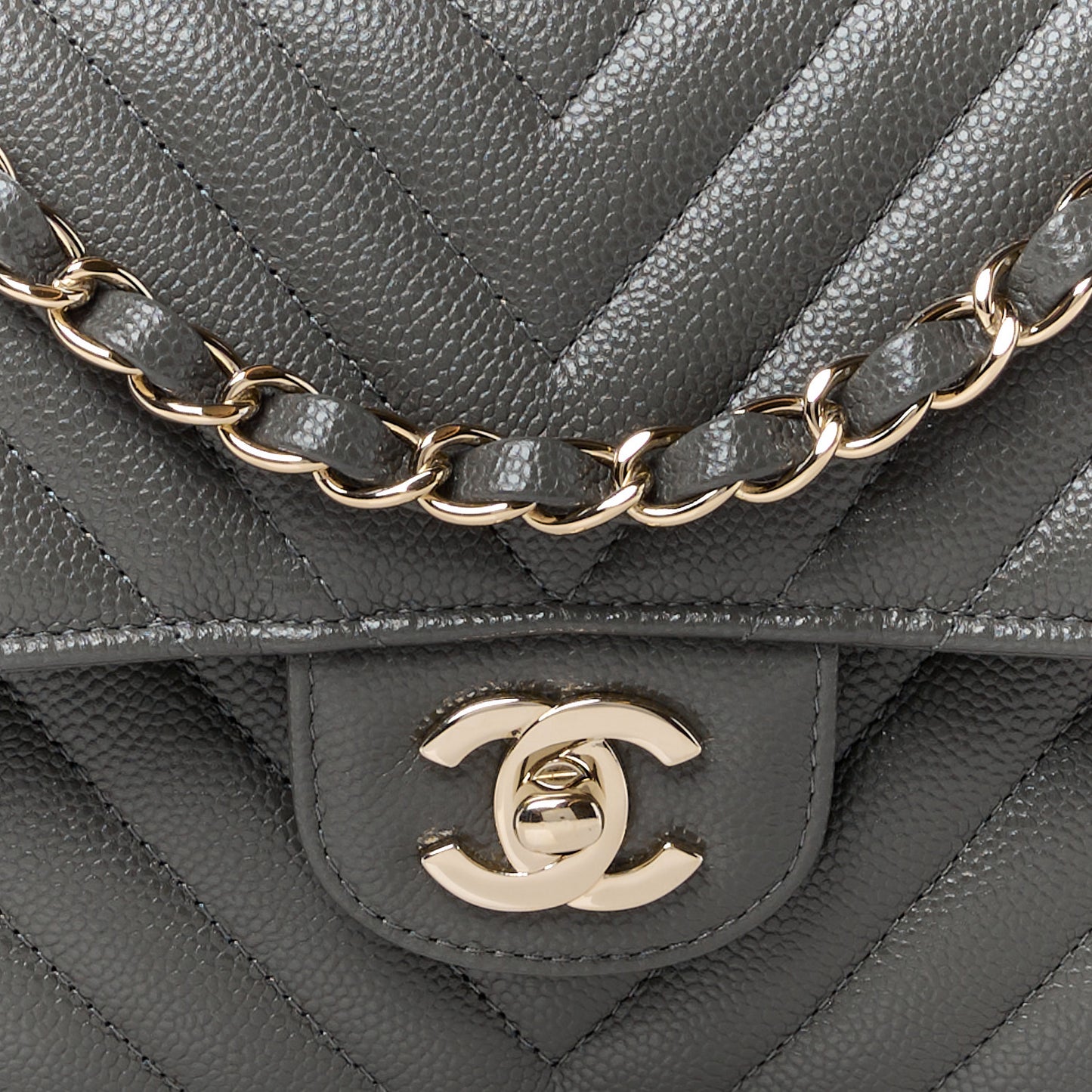 Caviar Chevron Quilted Medium Double Flap Dark Grey