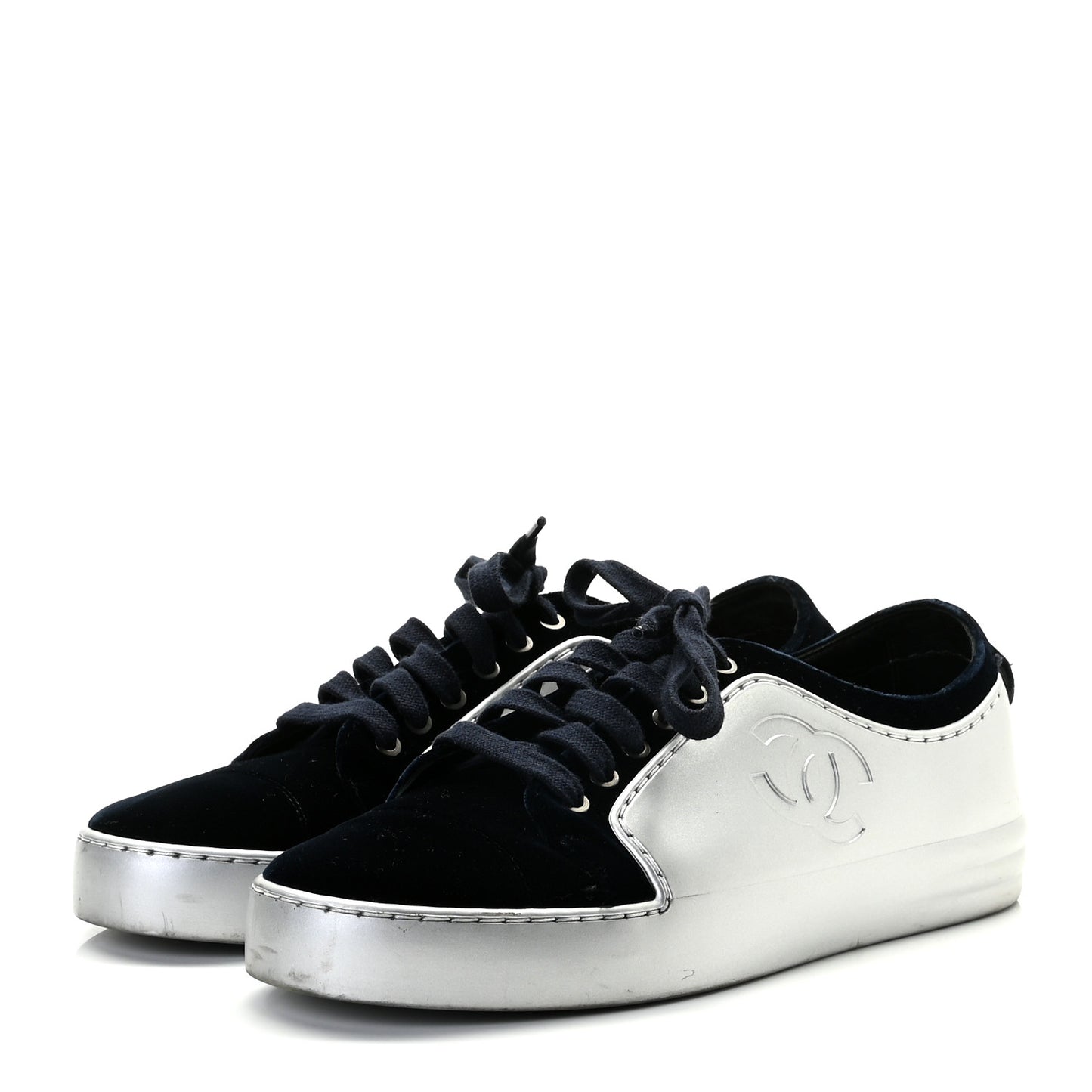 Calfskin Velvet Womens CC Sneakers 37.5 Navy