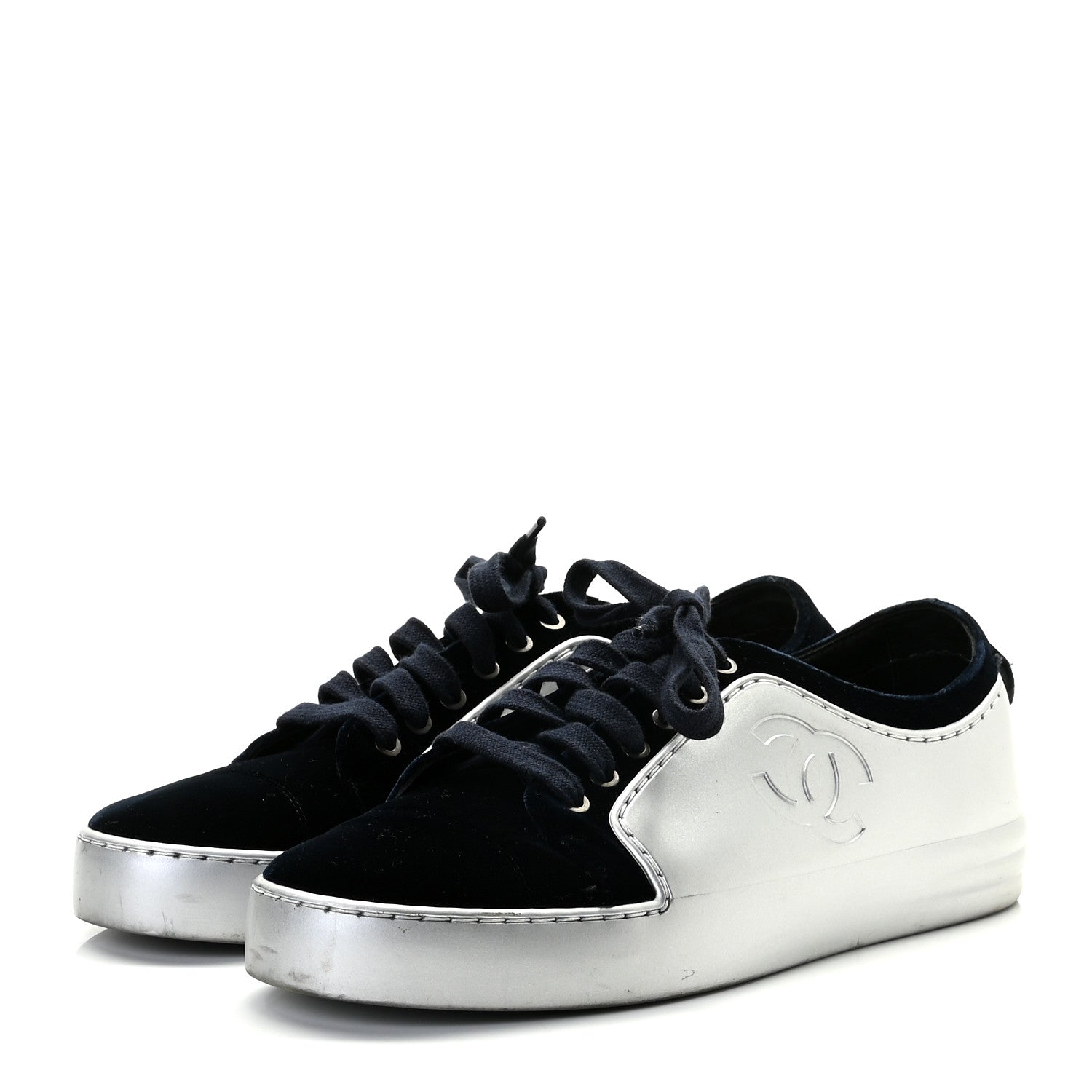 Chanel Calfskin Velvet Womens CC Sneakers 37.5 Navy 3 of 13