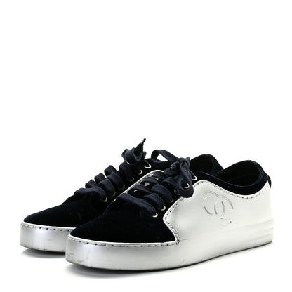Chanel Calfskin Velvet Womens CC Sneakers 37.5 Navy 3 of 13