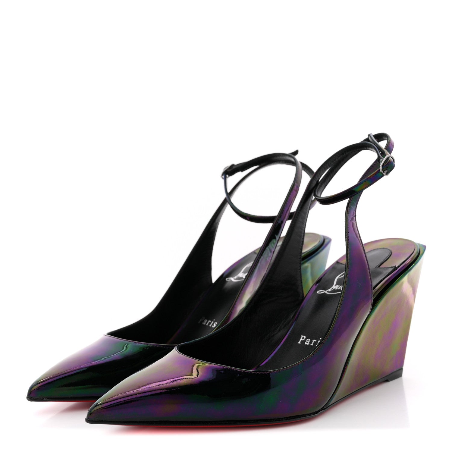 Christian Louboutin Patent Iridescent Sling Condorage 85 Wedge Pumps 37 Black 4 of 11