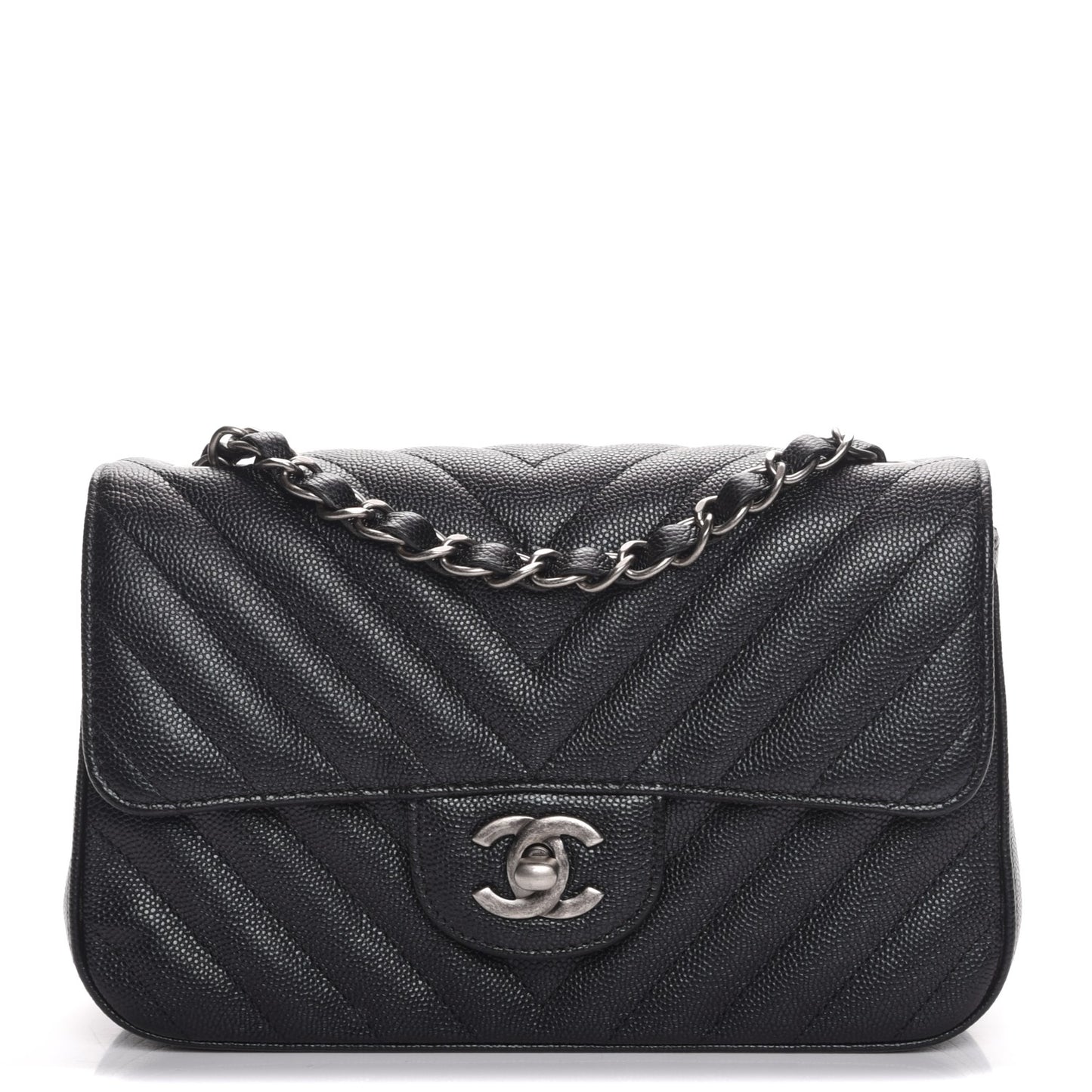 Caviar Chevron Quilted Mini Rectangular Flap Black