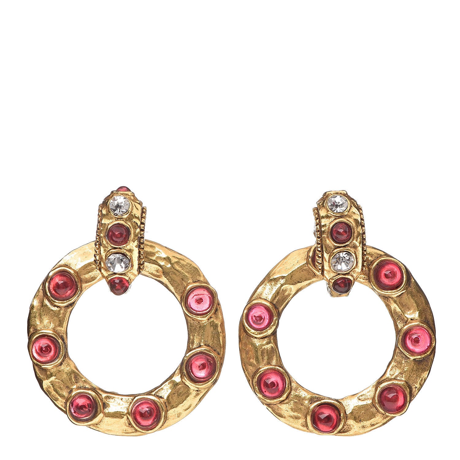 Chanel Crystal Hoop Clip On Earrings Gold Red 1 of 5