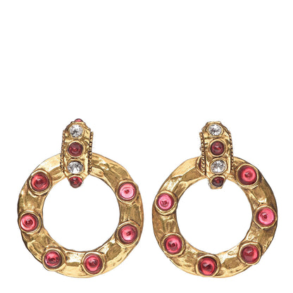 Chanel Crystal Hoop Clip On Earrings Gold Red 1 of 5