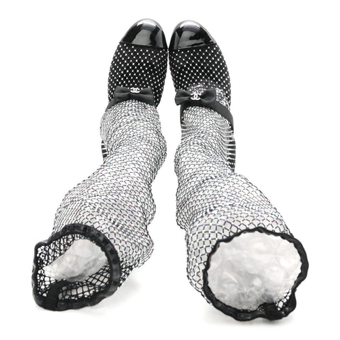 Mesh Crystal Patent CC Bow High Boots 40 Black