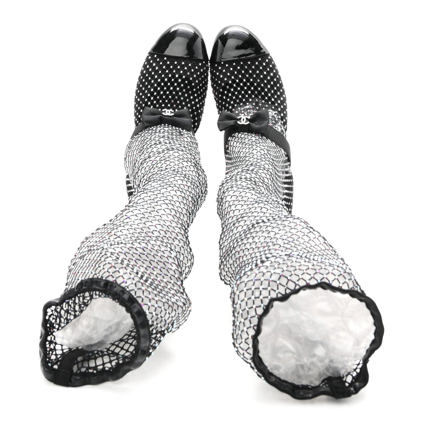 Mesh Crystal Patent CC Bow High Boots 40 Black