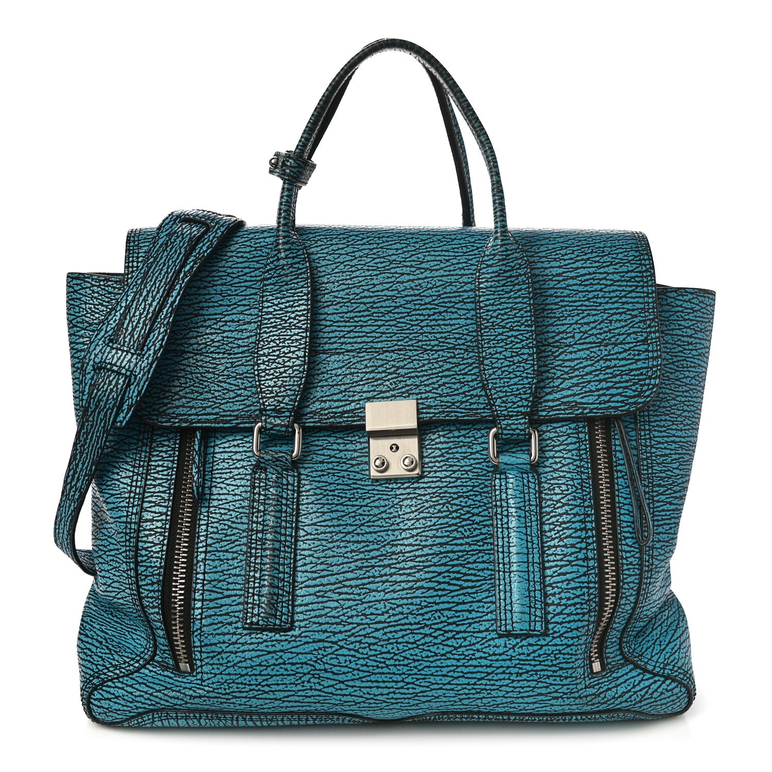 3.1 Phillip Lim Shark Embossed Textured Calfskin Large Pashli Satchel Turquoise Black 1 of 9