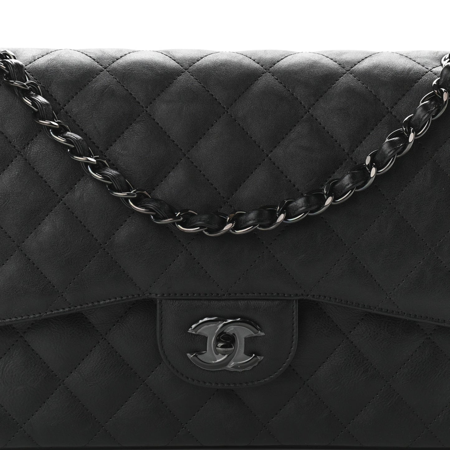 Crumpled Calfskin Quilted Jumbo Double Flap So Black