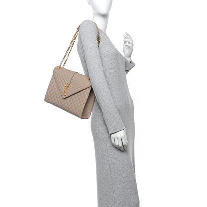 Saint Laurent Grain De Poudre Mixed Matelasse Large Triquilt Monogram Satchel Dark Beige 2 of 13