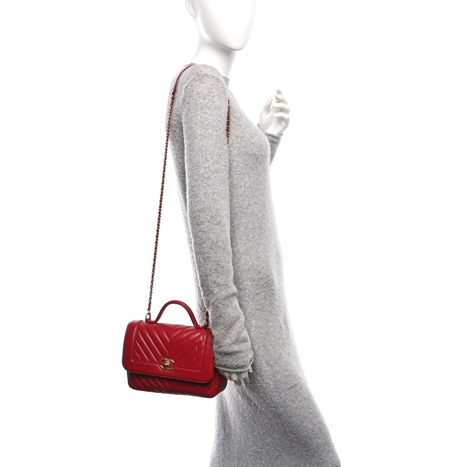 Chanel Calfskin Chevron Quilted Top Handle Flap Red 2 of 11