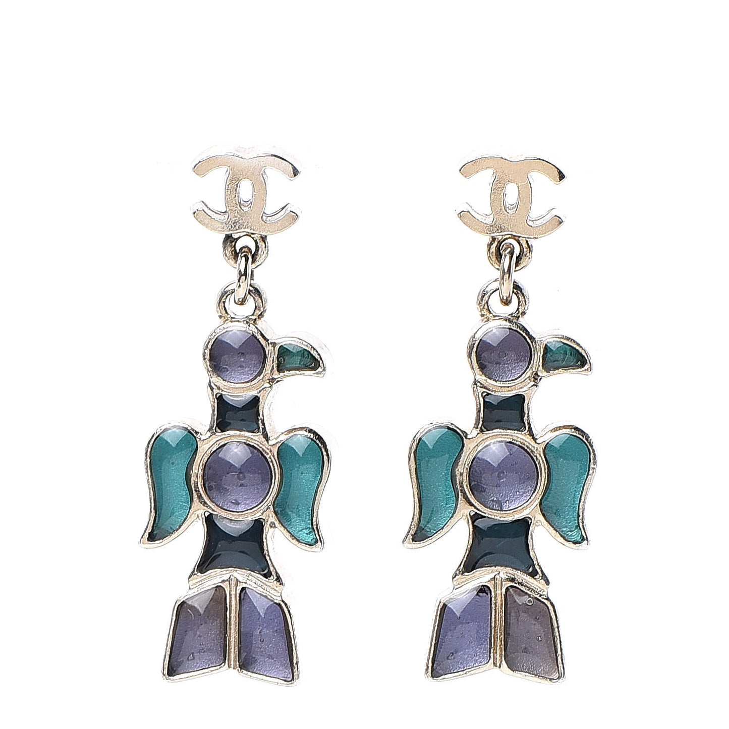 Gripoix Poured Glass Totem Bird CC Drop Earrings Multicolor