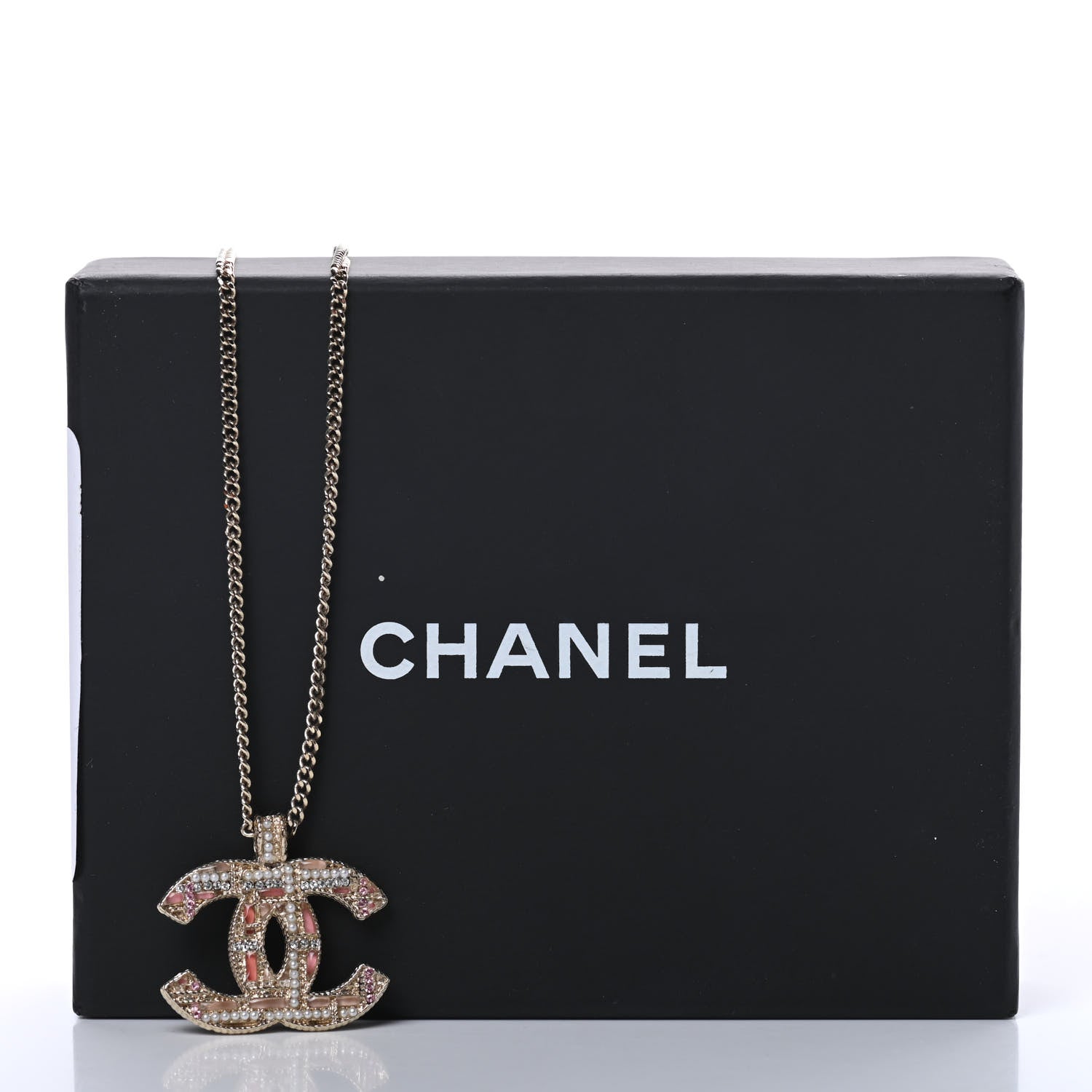 Chanel Resin Crystal Pearl Tweed Effect CC Necklace Gold Pink 5 of 5