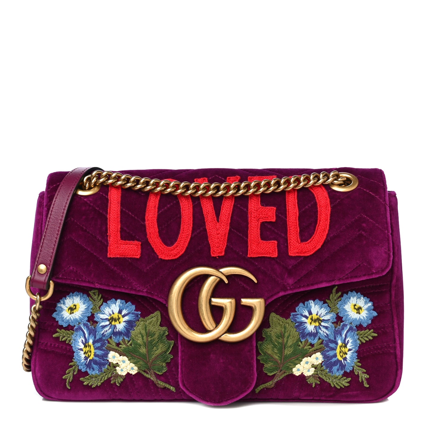 Velvet Matelasse Loved Embroidered Medium GG Marmont Shoulder Bag Fuchsia Violet Cyclamen