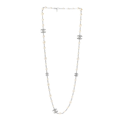 Chanel Graduated Pearl Crystal CC Long Necklace Silver 3 of 6