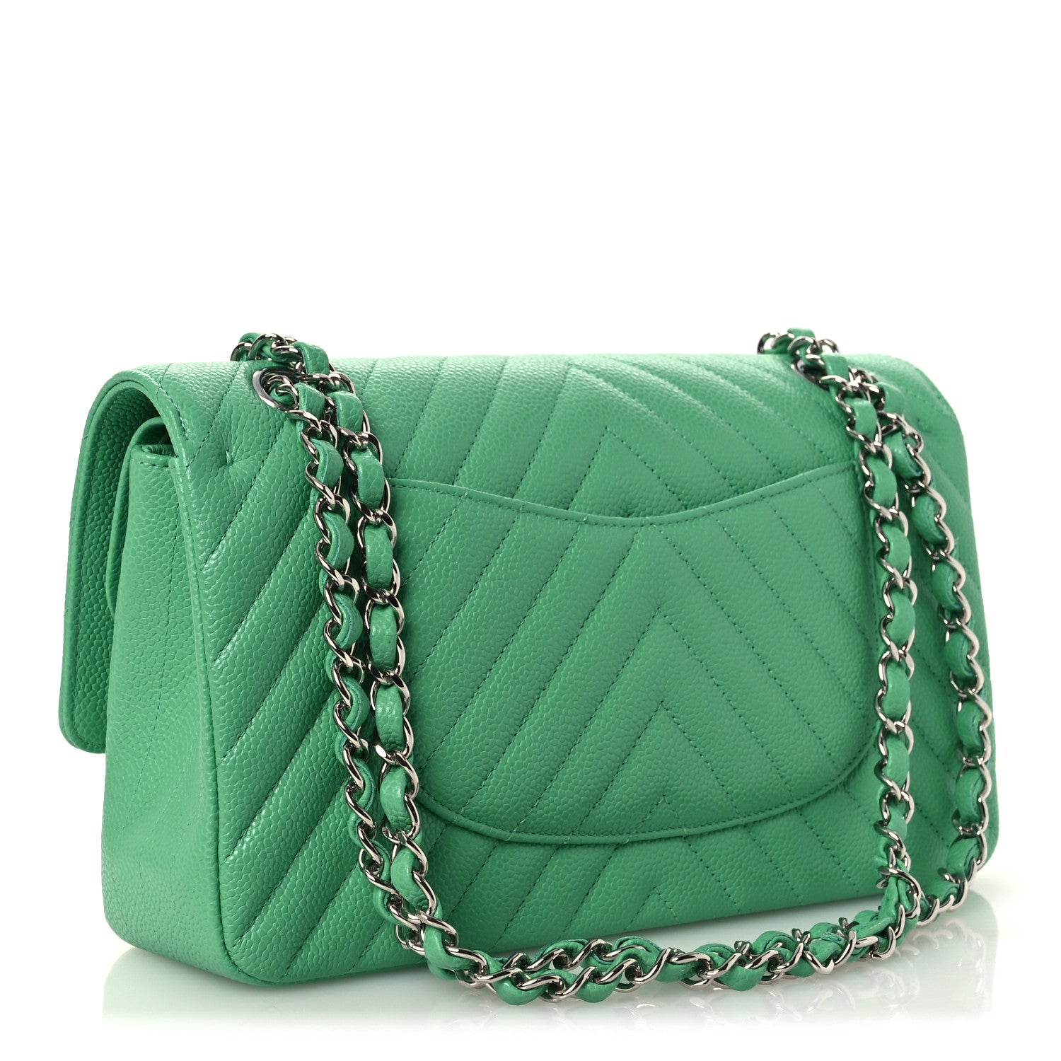 Chanel Caviar Chevron Quilted Medium Double Flap Green 3 of 11