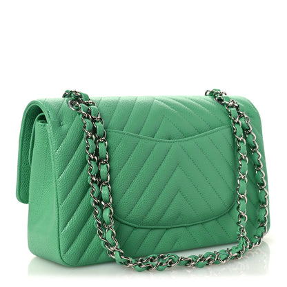 Chanel Caviar Chevron Quilted Medium Double Flap Green 3 of 11