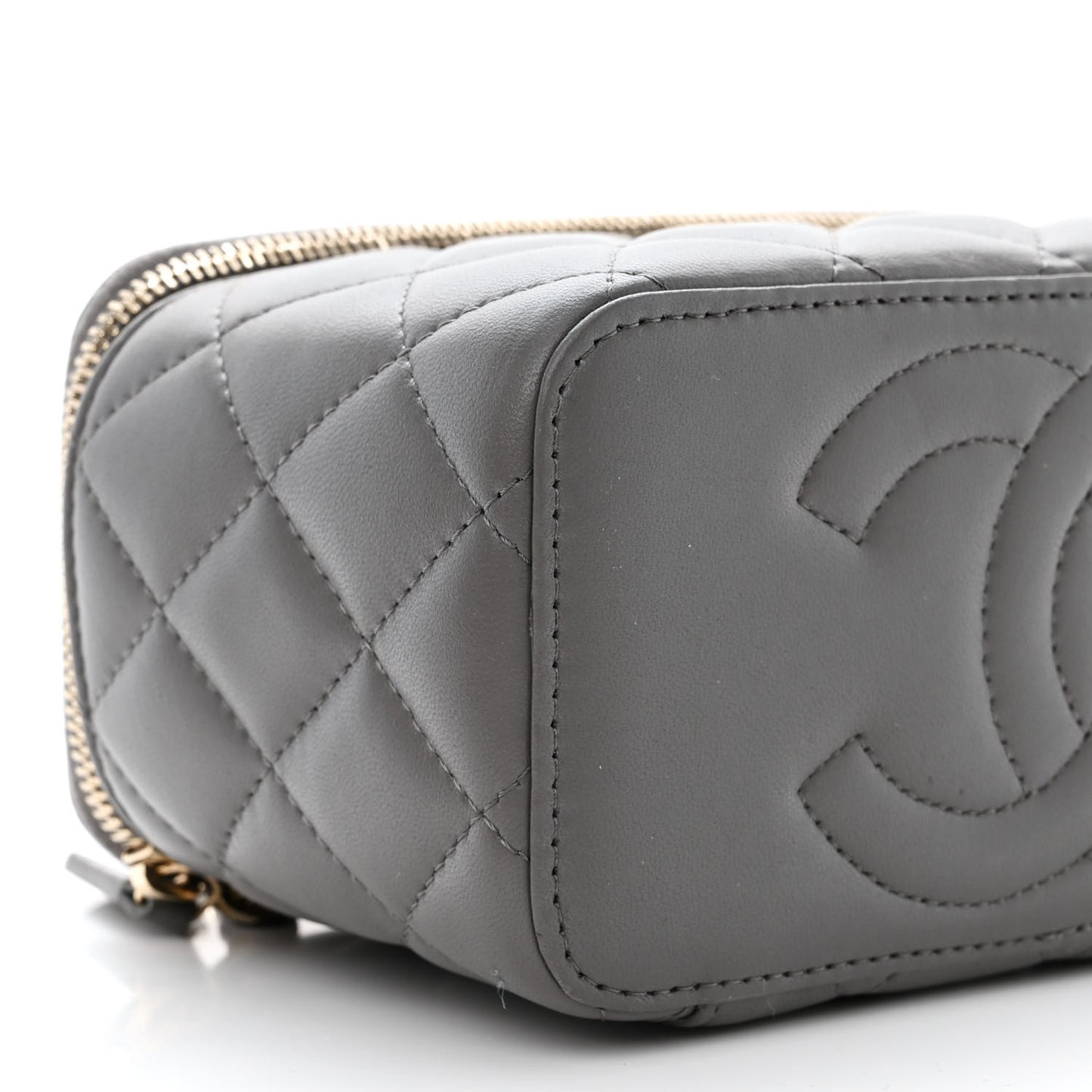 Lambskin Quilted Small Top Handle Vanity Case With Chain Dark Grey