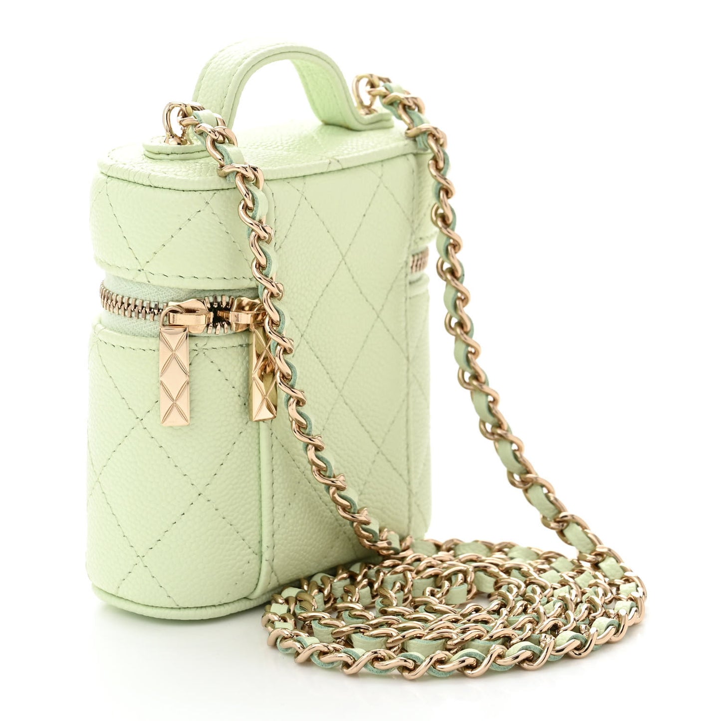 Caviar Quilted Small Handle With Care Vanity Case With Chain Light Green