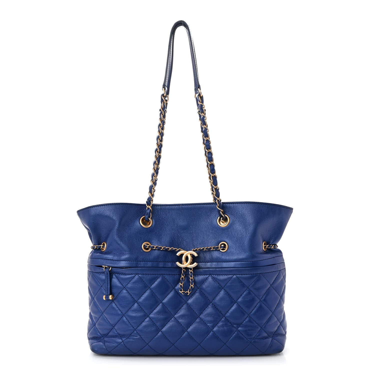 Chanel Calfskin Front Zip CC Drawstring Chain Drawstring Tote Blue 1 of 13