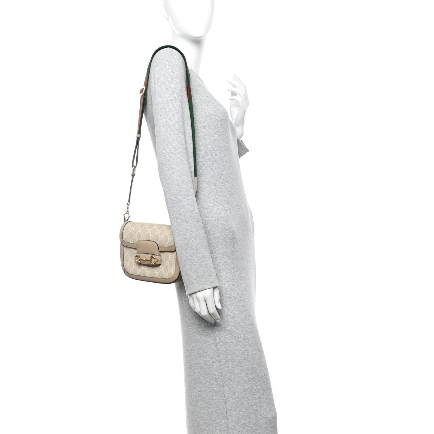 GG Supreme Monogram Textured Dollar Calfskin Web Mini Horsebit 1955 Shoulder Bag Beige Mystic White Oatmeal