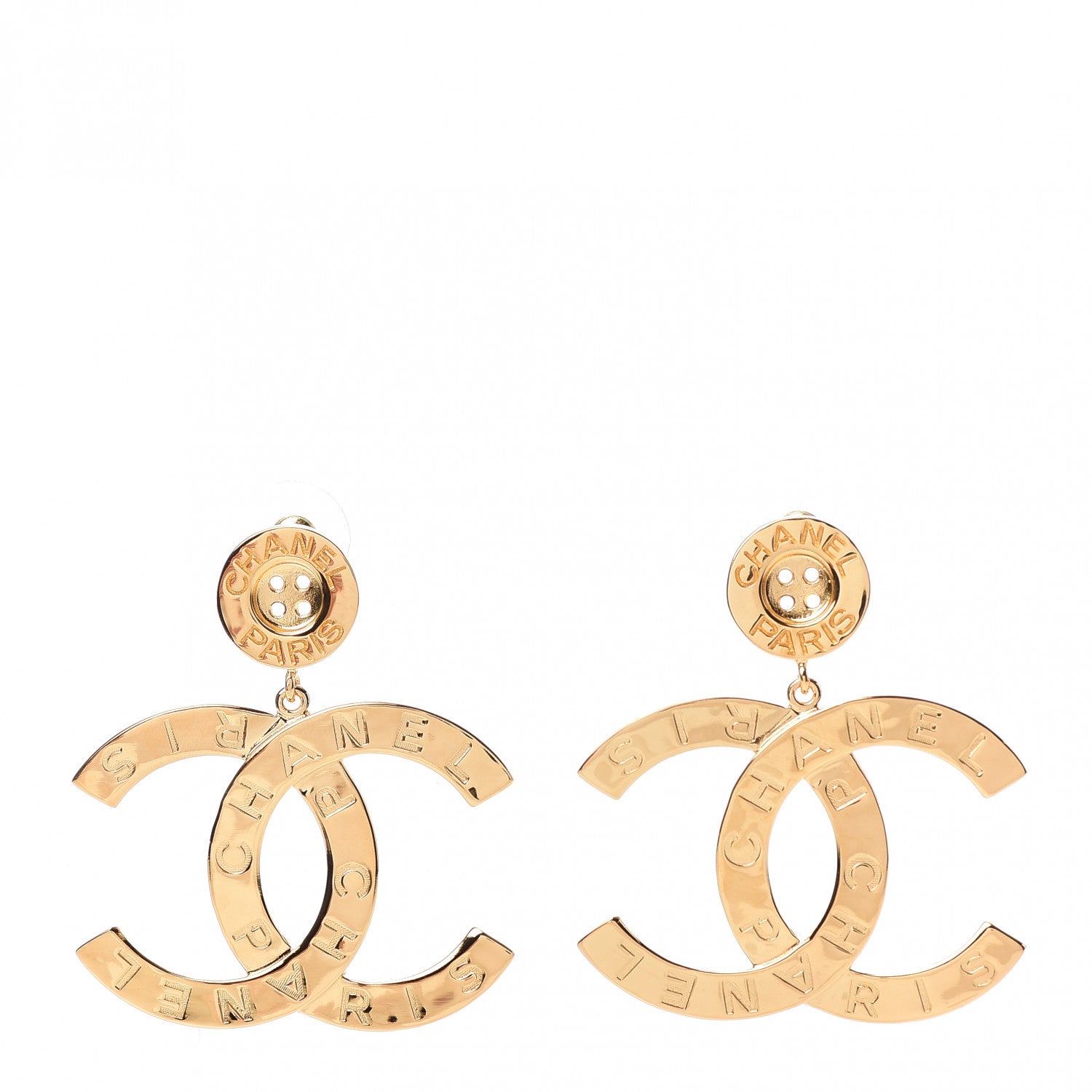 Chanel Metal Large Paris Button Earrings Gold 1 of 5