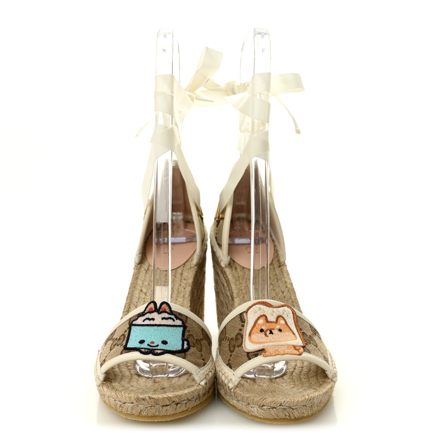 Gucci Monogram Patches Ankle Wrap Platform 35/120mm Espadrille Wedges 36 Beige White 2 of 7
