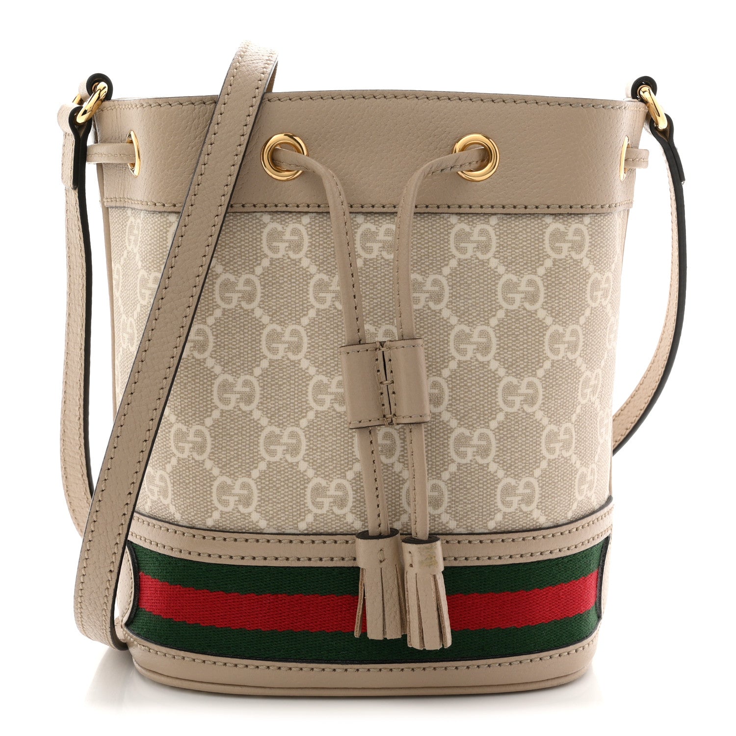 Gucci GG Supreme Monogram Textured Calfskin Web Mini Ophidia Bucket Bag Beige Ebony Mystic White Oatmeal 1 of 14