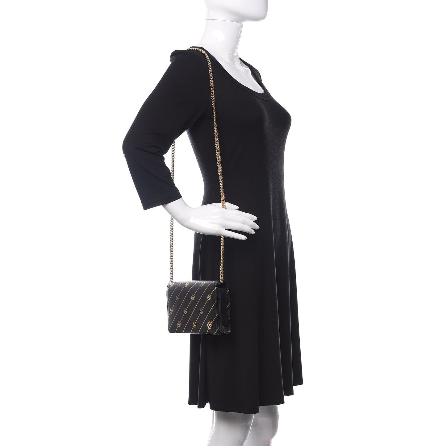Calfskin Diagonal GG Mini Chain Wallet Black Gold