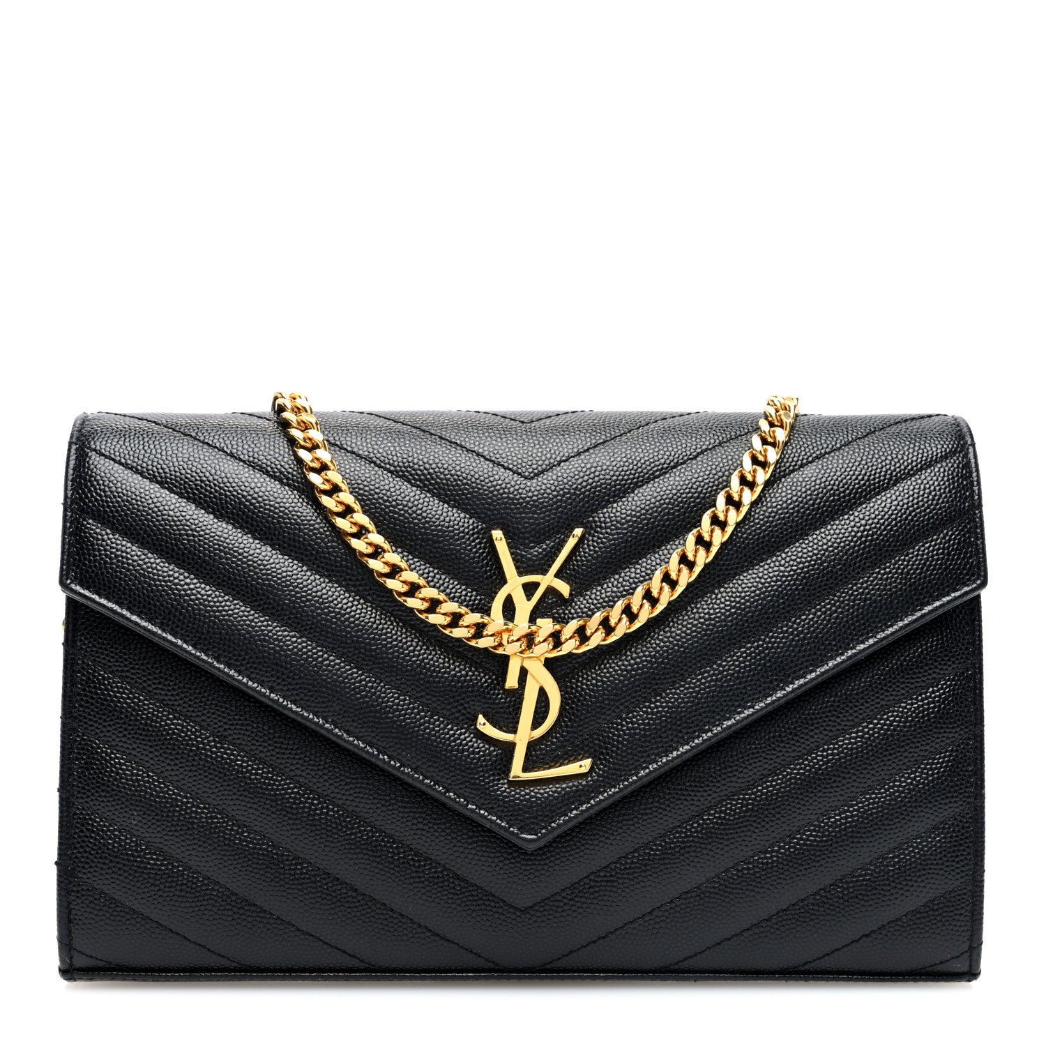 Saint Laurent Grain De Poudre Matelasse Chevron Monogram Chain Wallet Black 1 of 9
