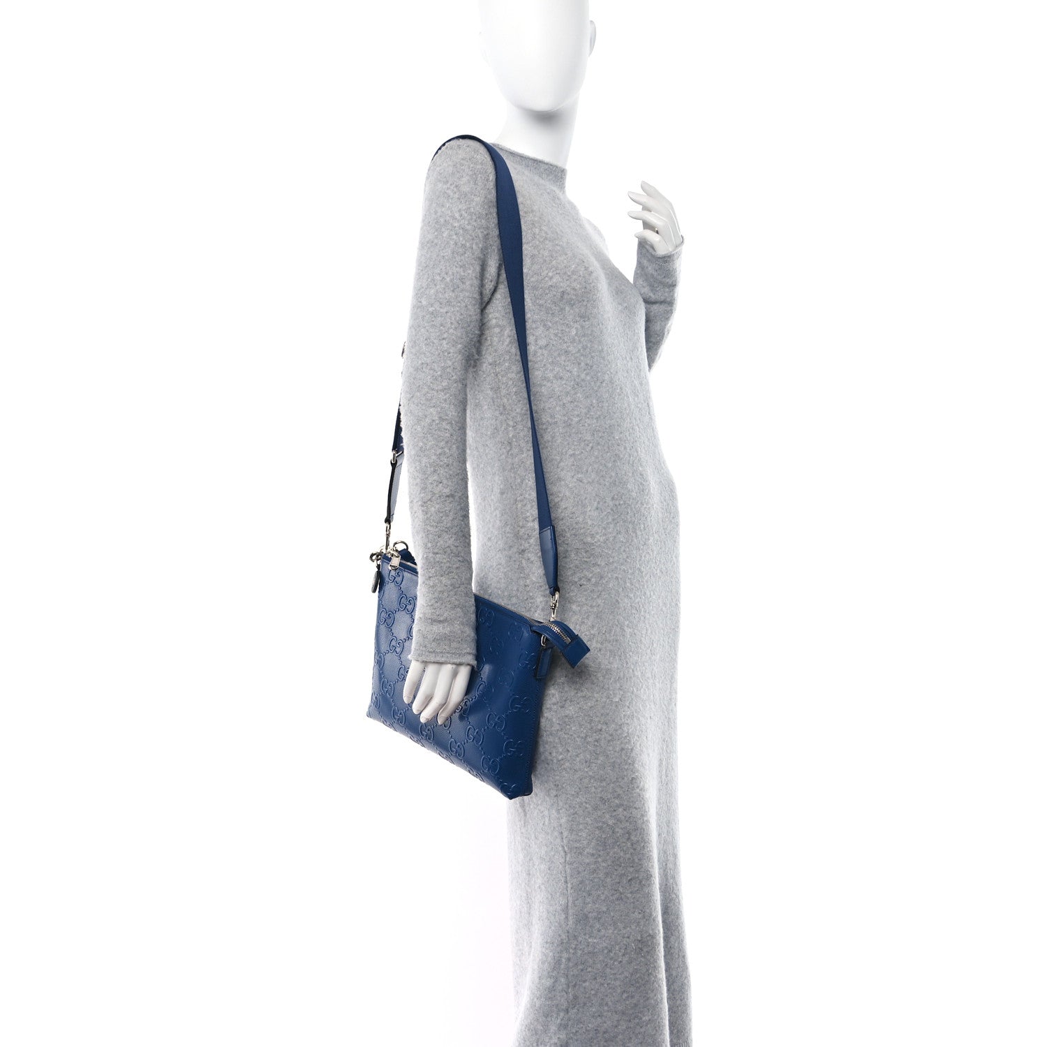Gucci Calfskin GG Tennis Embossed Medium Wristlet Messenger Bag Intense Metal Blue 2 of 12