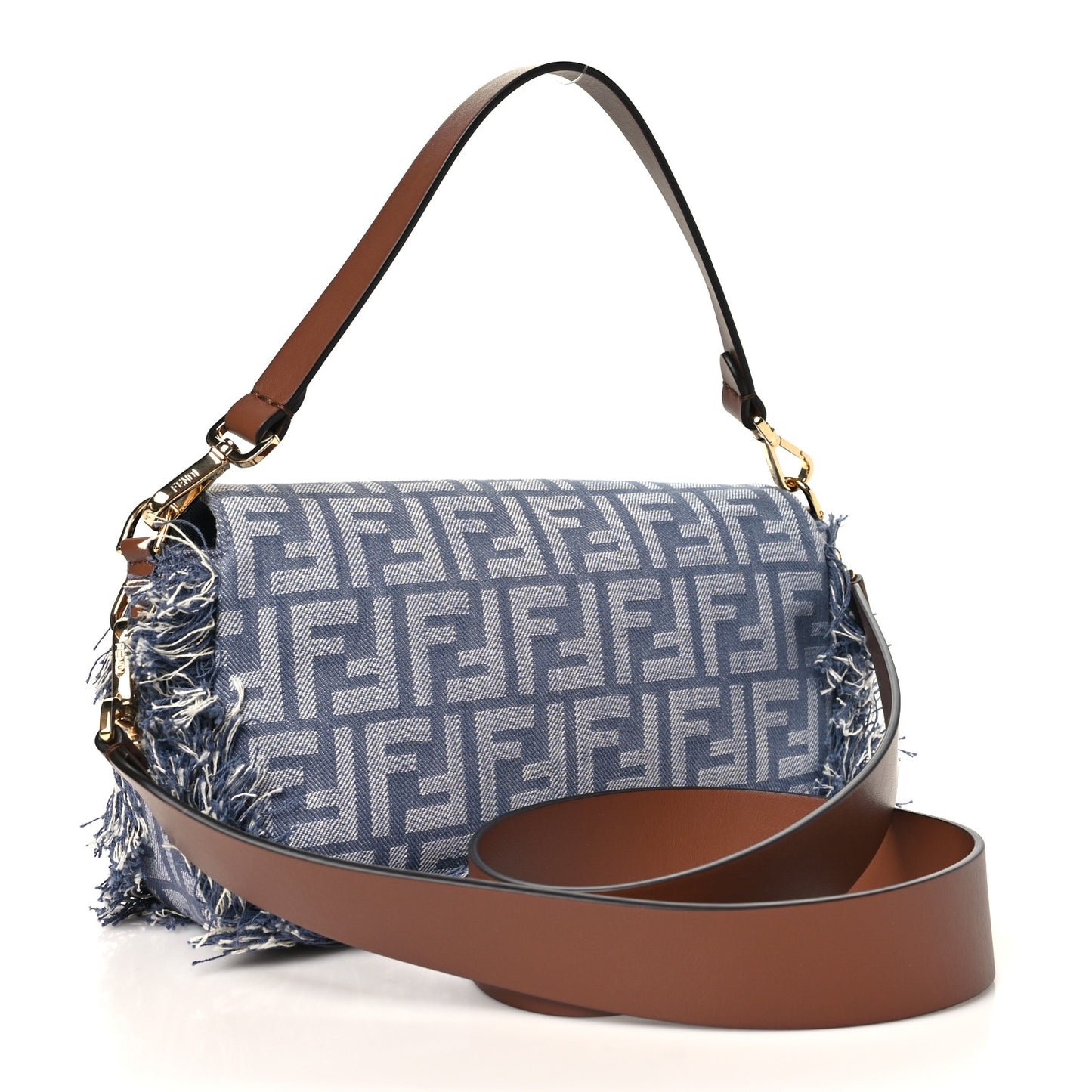 Denim Vitello Fringe FF Embroidered Baguette Myrtle Dark Nut