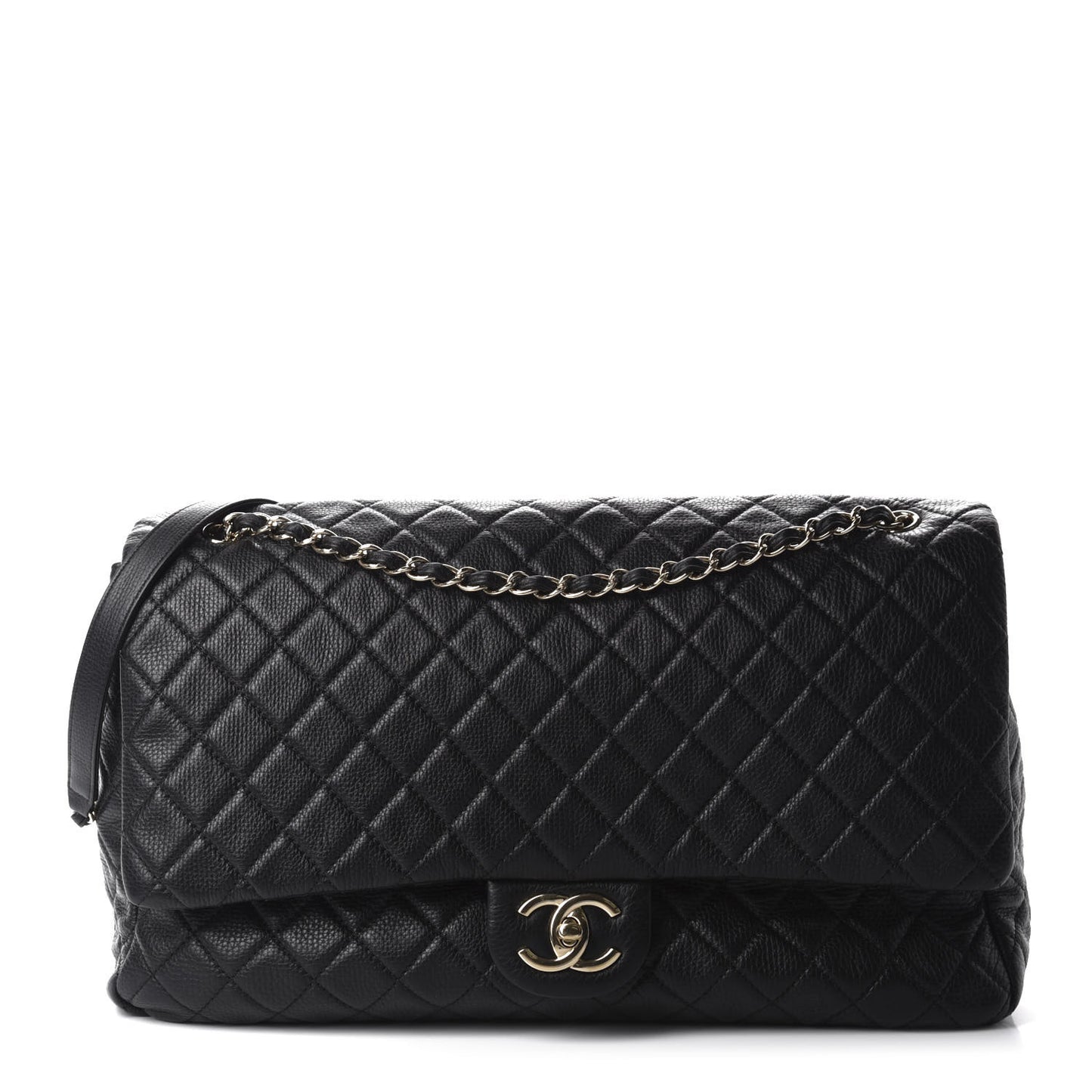 Calfskin Quilted XXL Travel Flap Bag Black