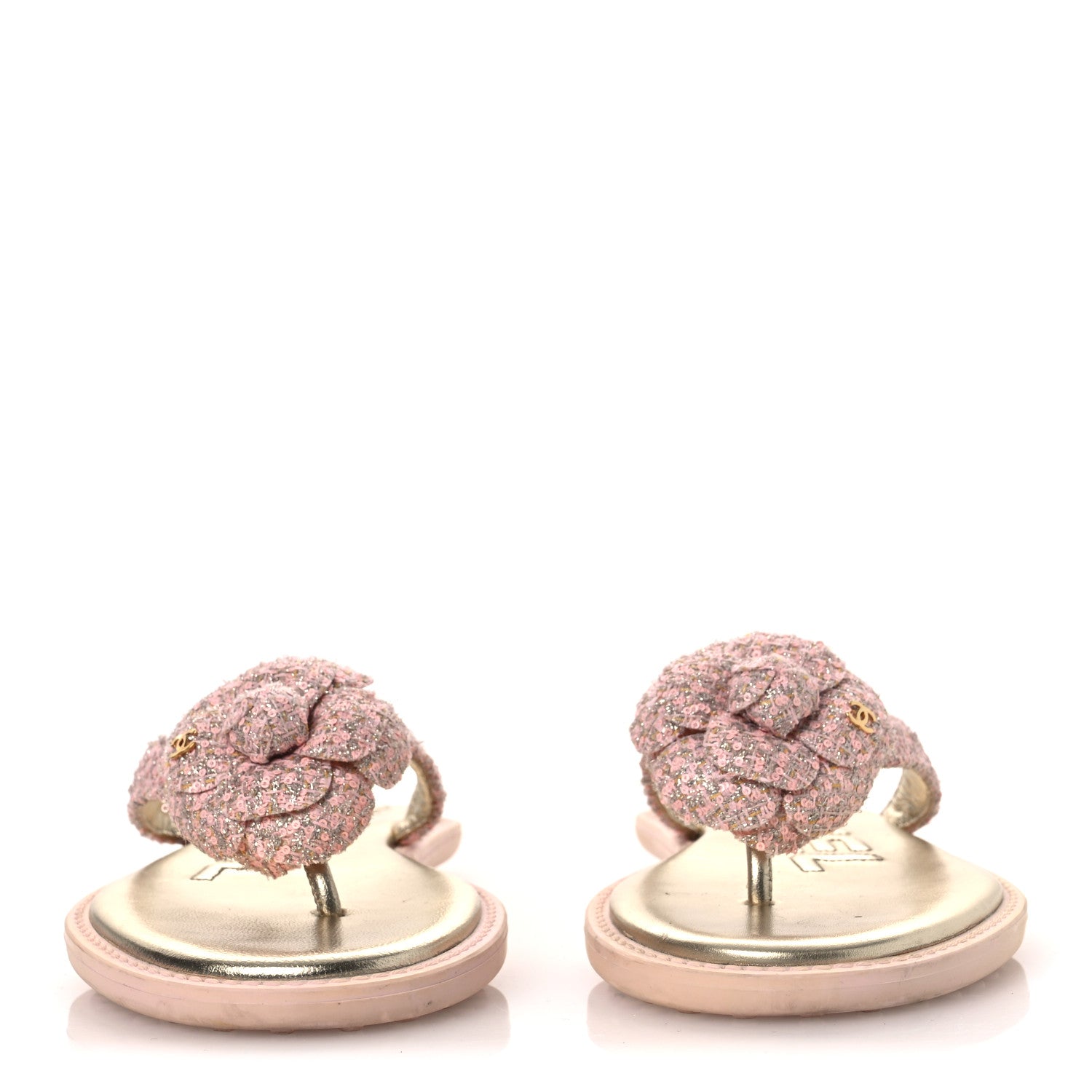 Chanel Tweed Camellia Thong Sandals 37.5 Salmon Apricot Gold 3 of 13