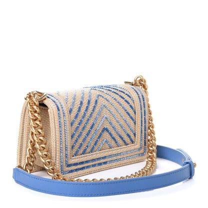 Chanel Cotton Canvas Calfskin Chevron Embroidered Small Boy Flap Beige Blue 2 of 5