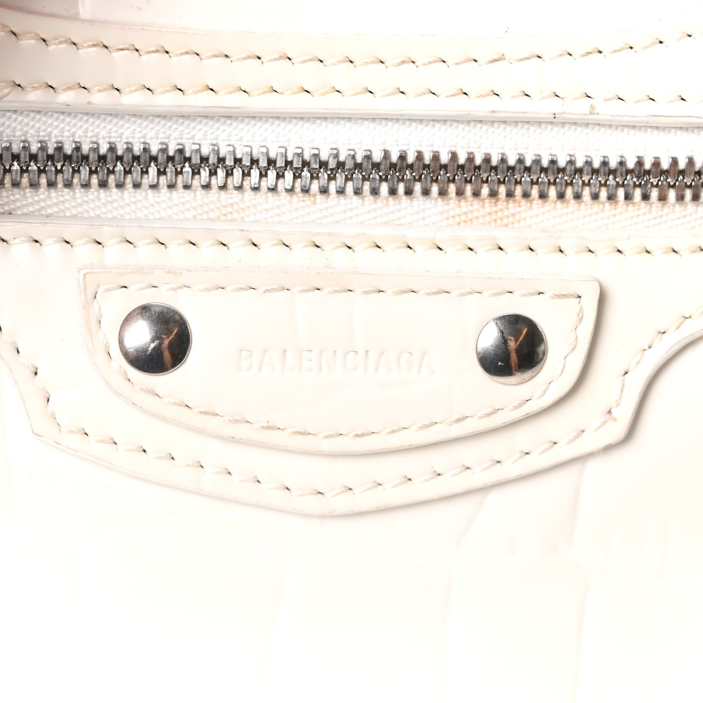 Semi Shiny Calfskin Crocodile Embossed Neo Classic Silver Hardware Nano City Crossbody White