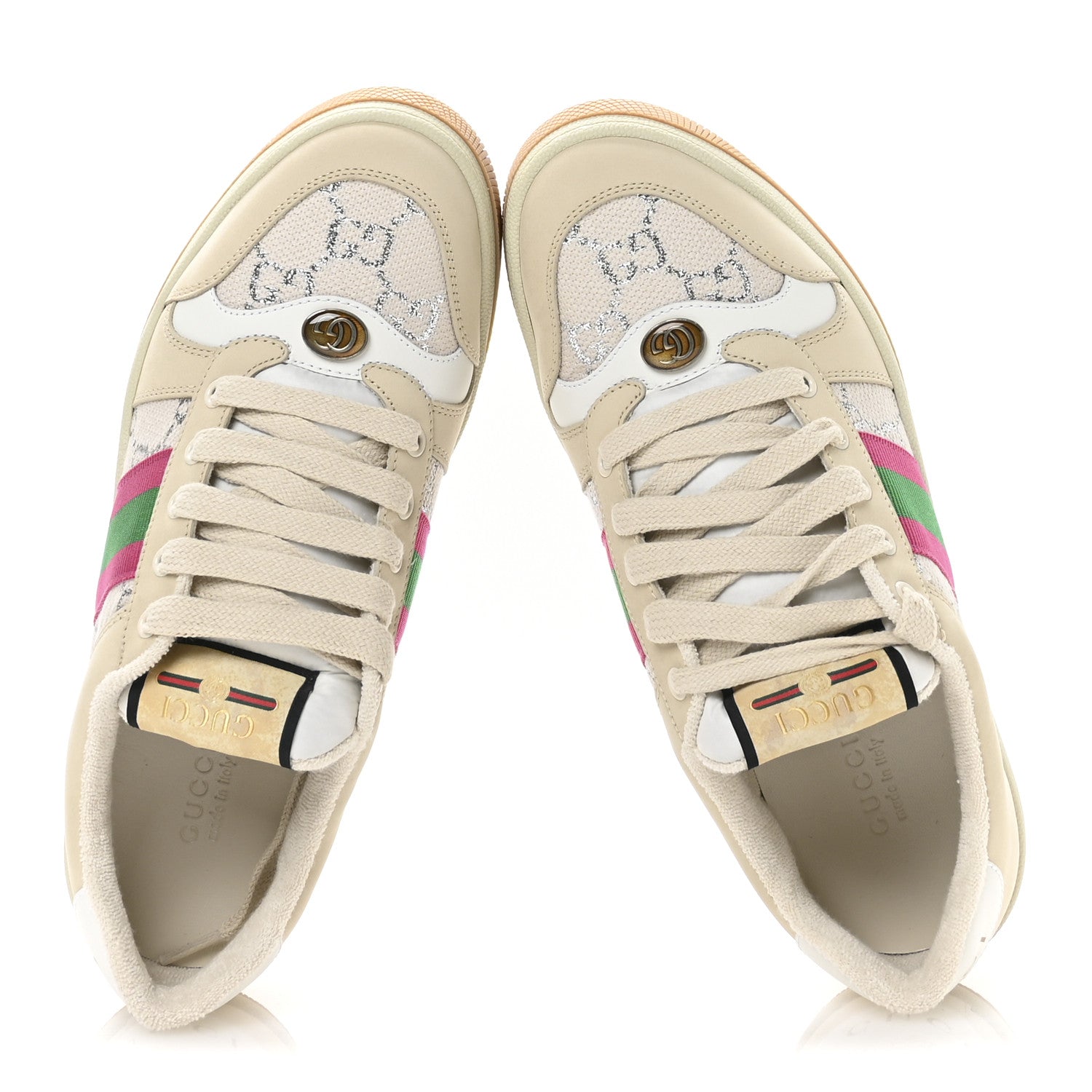 Gucci Calfskin Lame GG Monogram Web Womens Screener Sneakers 39.5 Gardenia Silver Dusty Milk White 2 of 9