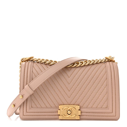 Chanel Lambskin Chevron Chain Stitched Medium Boy Flap Beige 1 of 14