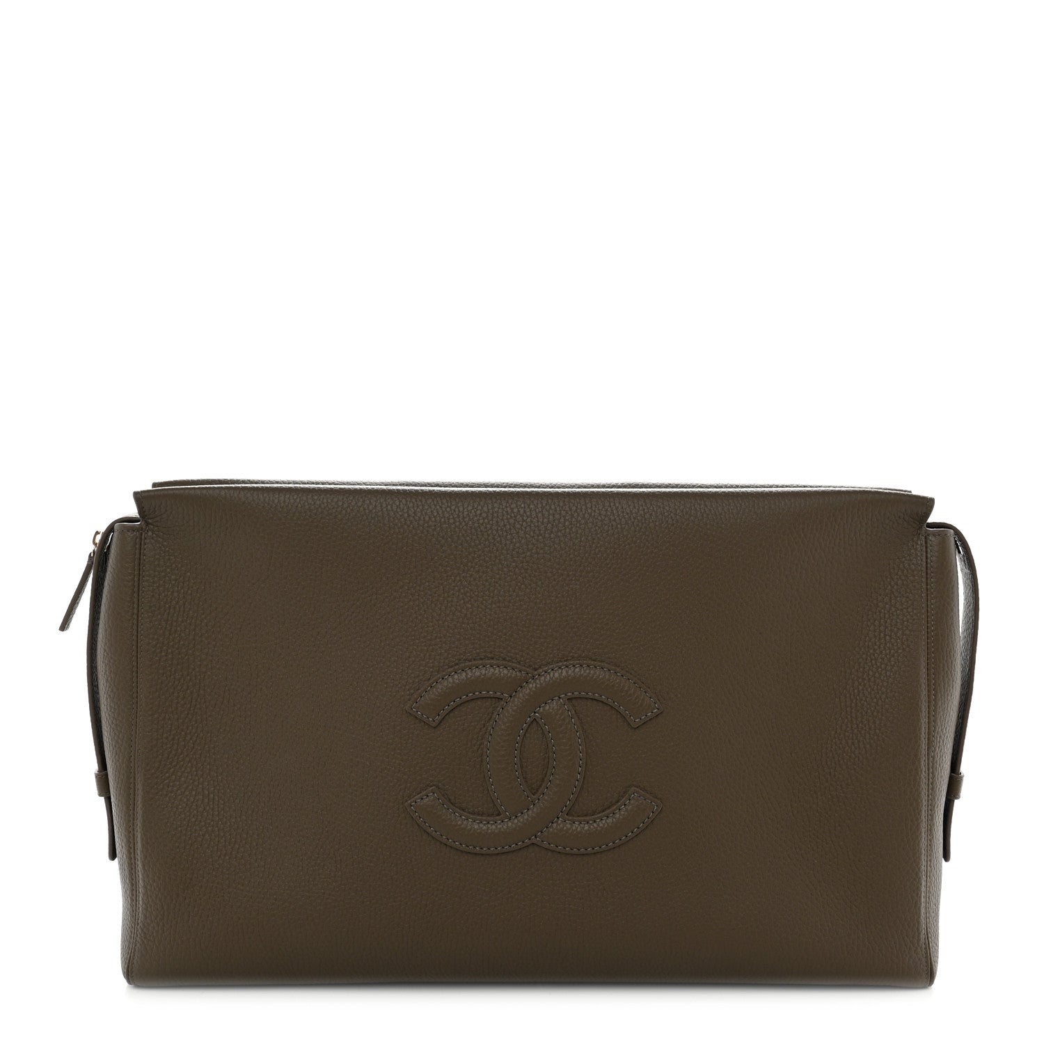 Chanel Grained Calfskin Large Zippered Pouch Dark Khaki 1 of 9