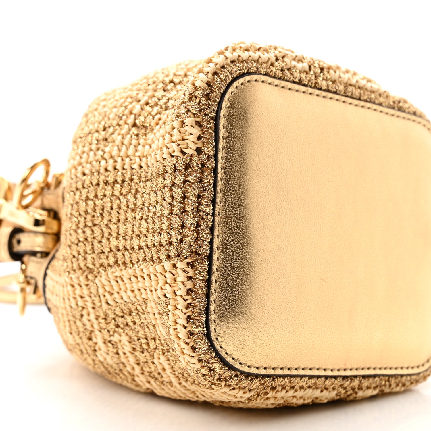 Fendi Raffia Lurex Vitello Laminato F is Fendi FF Crochet Mini Mon Tresor Bucket Bag Natural Oro 8 of 10