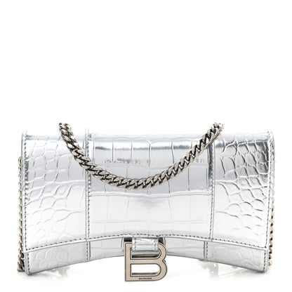 Balenciaga Metallic Calfskin Crocodile Embossed Hourglass Chain Bag Silver 1 of 9