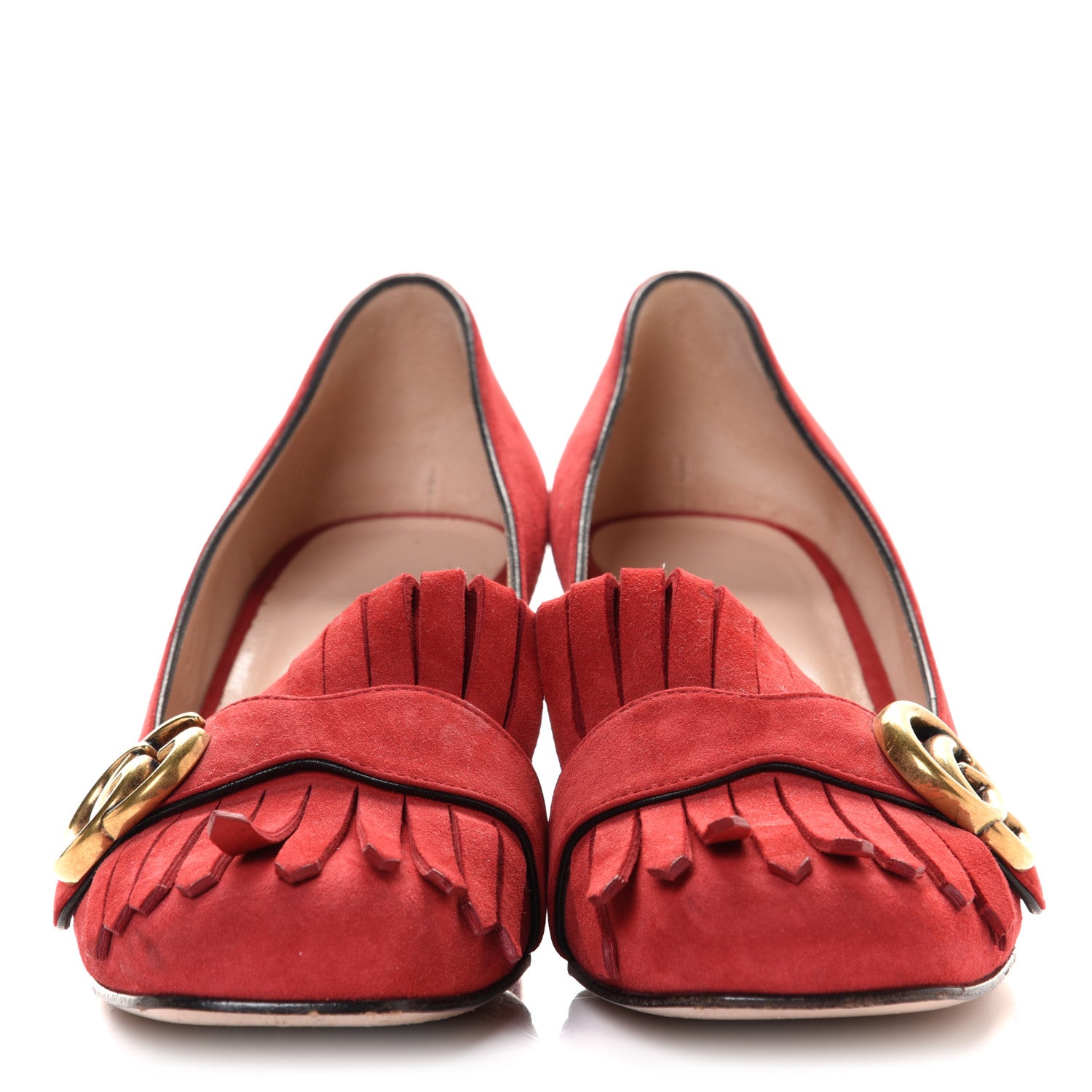 Gucci Kid Scamosciato GG Marmont Fringe 50mm Loafer Pumps 37.5 Vulcanic Red 2 of 9