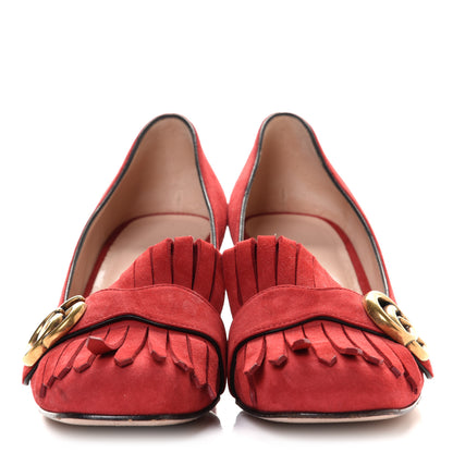 Gucci Kid Scamosciato GG Marmont Fringe 50mm Loafer Pumps 37.5 Vulcanic Red 2 of 9